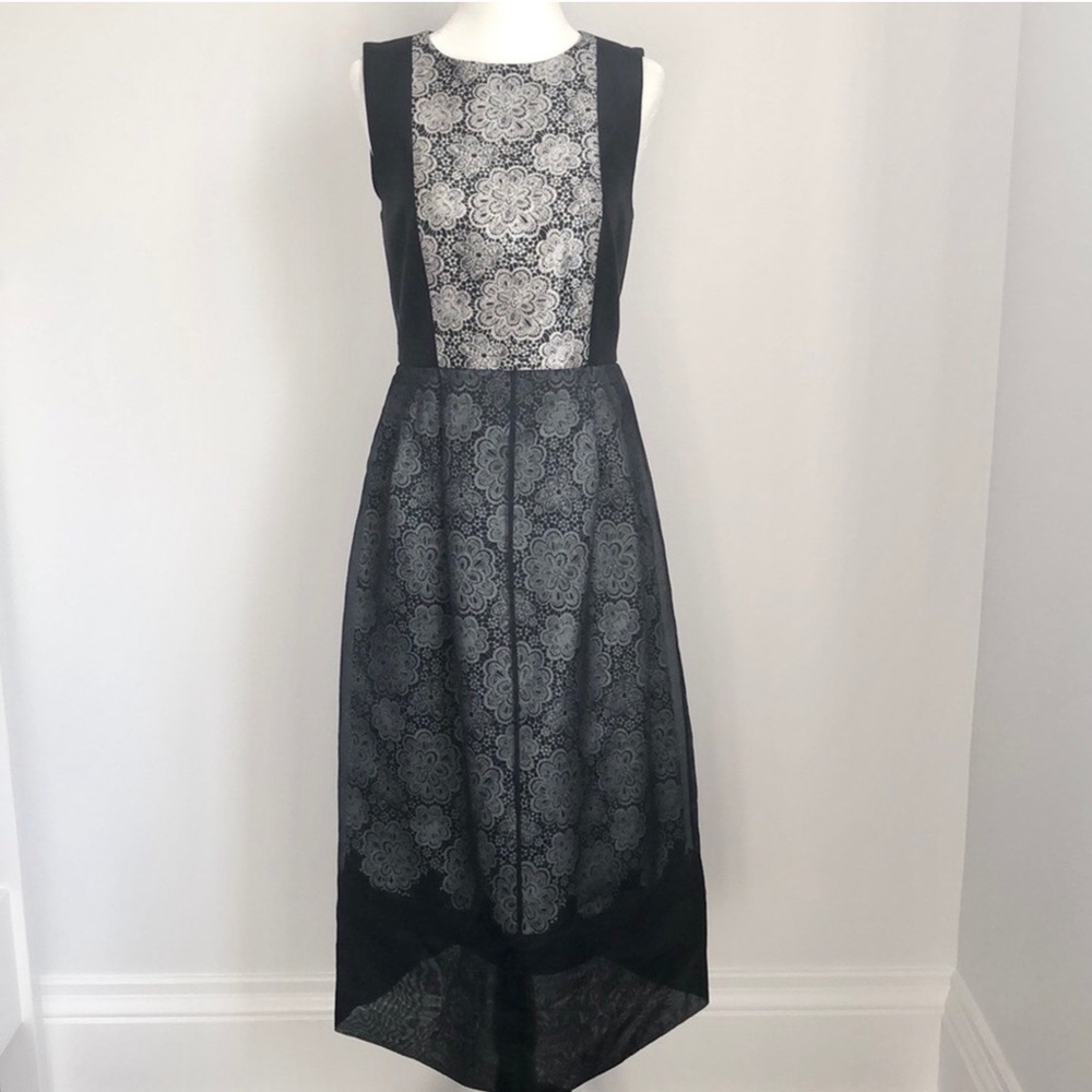 Sleeveless Black and Gray Lace Midi Dress